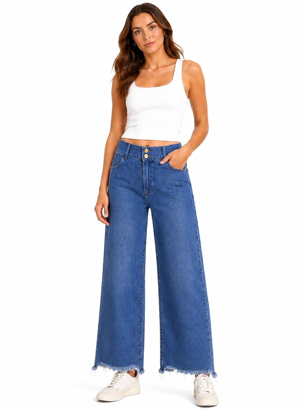 Uniqlo High Rise Wide Leg Jeans Distressed Raw Hem Denim